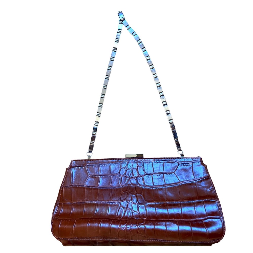 Vintage Etienne Aigner Cognac Brown Leather Bag Silver Strap Kiss‎ Lock